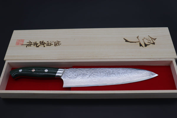 Takeshi Saji Gyuto Takeshi Saji R-2 Custom Diamond Damascus Wild Series New Design Gyuto (210mm and 240mm, Green/Black Linen Micarta Handle)
