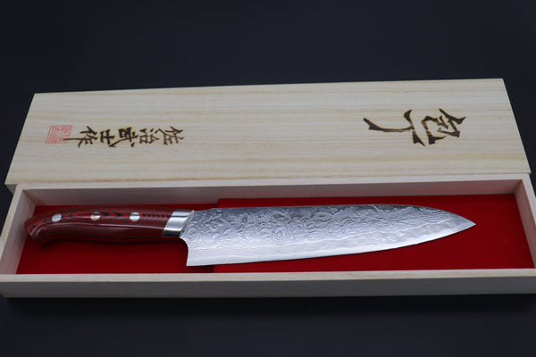 Takeshi Saji Gyuto Takeshi Saji R-2 Custom Diamond Damascus Wild Series New Design Gyuto (210mm and 240mm, Red/Black Linen Micarta Handle)