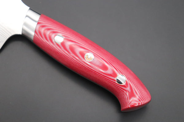 Takeshi Saji Gyuto Takeshi Saji R-2 Custom Diamond Damascus Wild Series New Design Gyuto (210mm and 240mm, Red/White Linen Micarta Handle)