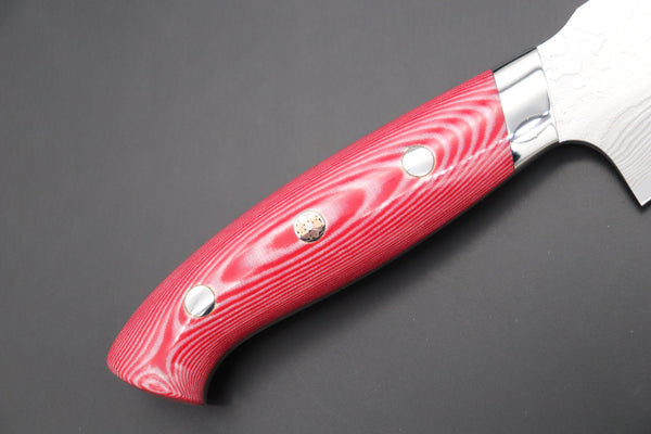 Takeshi Saji Gyuto Takeshi Saji R-2 Custom Diamond Damascus Wild Series New Design Gyuto (210mm and 240mm, Red/White Linen Micarta Handle)