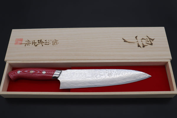 Takeshi Saji Gyuto Takeshi Saji R-2 Custom Diamond Damascus Wild Series New Design Gyuto (210mm and 240mm, Red/White Linen Micarta Handle)
