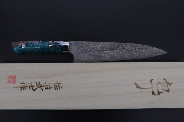 Takeshi Saji Gyuto Takeshi Saji SUMMIT ― Limited Edition Custom Series SMT-1096 VG-10W Multi-Colored Golden-Rainbow Damascus Gyuto 210mm (8.2 Inch)