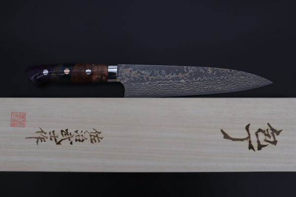 Takeshi Saji Gyuto Takeshi Saji SUMMIT ― Limited Edition Custom Series SMT-1159 VG-10W Multi-Colored Golden-Rainbow Damascus Gyuto 210mm (8.2 Inch)