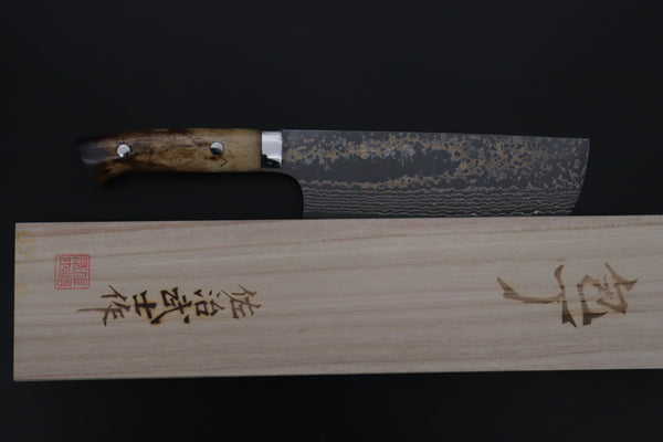 Takeshi Saji Nakiri Nakiri 165mm Takeshi Saji VG-10W Multi-Colored Golden-Rainbow Damascus Series TS-9 Nakiri 165mm (6.4 Inch, Smooth Bone Handle)