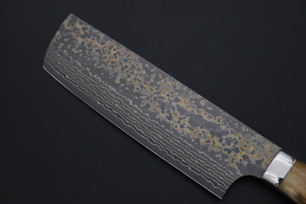 Takeshi Saji Nakiri Nakiri 165mm Takeshi Saji VG-10W Multi-Colored Golden-Rainbow Damascus Series TS-9 Nakiri 165mm (6.4 Inch, Smooth Bone Handle)