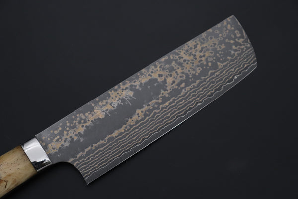 Takeshi Saji Nakiri Nakiri 165mm Takeshi Saji VG-10W Multi-Colored Golden-Rainbow Damascus Series TS-9 Nakiri 165mm (6.4 Inch, Smooth Bone Handle)