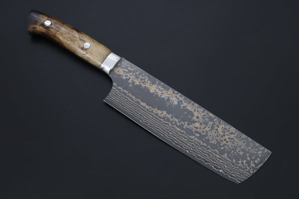 Takeshi Saji Nakiri Nakiri 165mm Takeshi Saji VG-10W Multi-Colored Golden-Rainbow Damascus Series TS-9 Nakiri 165mm (6.4 Inch, Smooth Bone Handle)