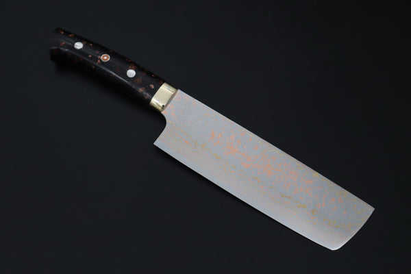Takeshi Saji Nakiri Nakiri 165mm Takeshi Saji VG-10W Rainbow Damascus Series TS-6 Nakiri 165mm (6.4 Inch, Black and Copper Texture Dupont Corian Handle)