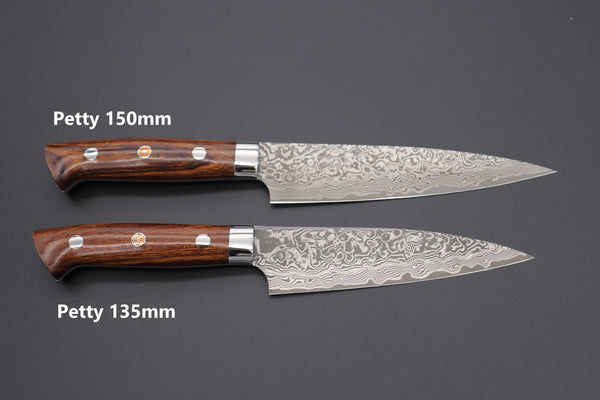 Takeshi Saji Petty Takeshi Saji R-2 Custom Black Damascus Wild Series Petty (135mm and 150mm, Ironwood Handle)