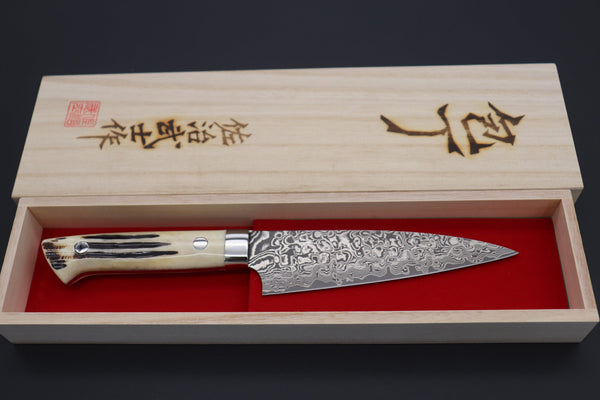 Takeshi Saji Petty Takeshi Saji R-2 Custom Black Damascus Wild Series Petty (135mm and 150mm, Stag Bone Handle)