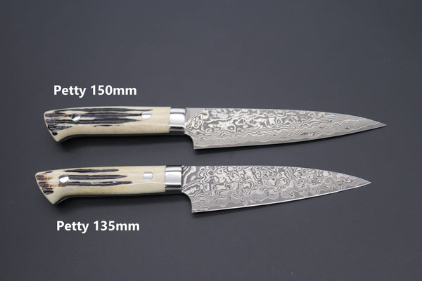 Takeshi Saji Petty Takeshi Saji R-2 Custom Black Damascus Wild Series Petty (135mm and 150mm, Stag Bone Handle)