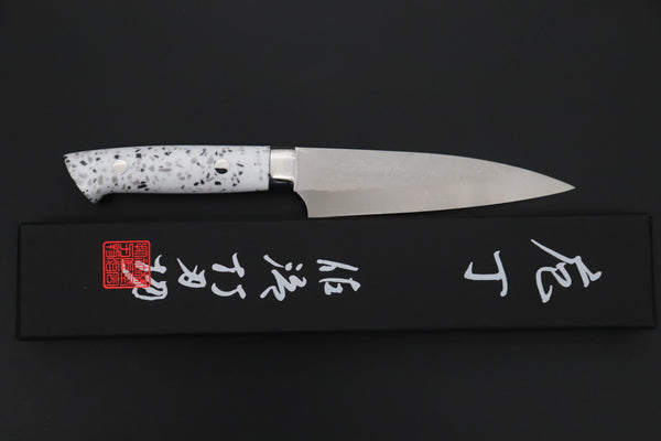 Takeshi Saji Petty Takeshi Saji SRS-13 Hammer Forged, Custom Handmade Handle Series TS-11 Petty 135mm (5.3 inch, White Dupont Corian Handle)