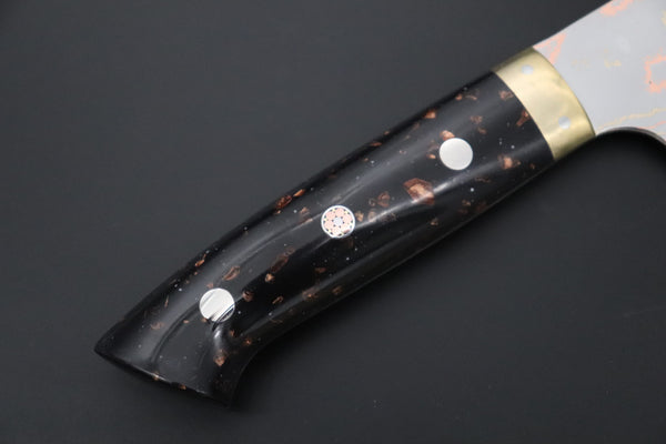 Takeshi Saji Santoku Santoku 180mm Takeshi Saji Blue Steel No.2 Rainbow Damascus Series TS-2 Santoku 180mm (7 Inch, Black and Copper Texture Dupont Corian Handle)