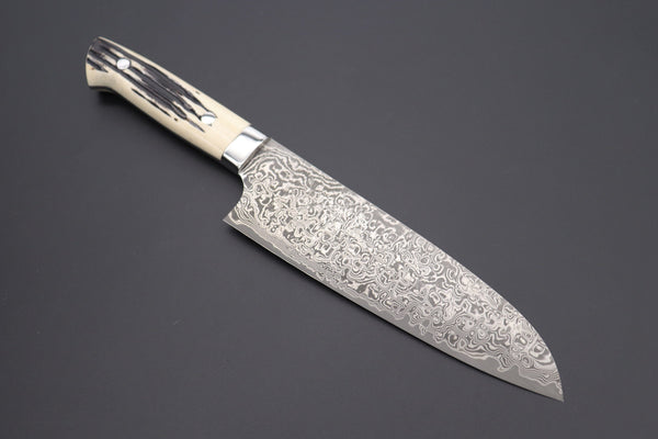 Takeshi Saji Santoku SRD-2S Santoku 180mm (7 inch) / Stag Bone Handle Takeshi Saji R-2 Custom Black Damascus Wild Series Santoku 180mm (7 inch, Stag Bone Handle)