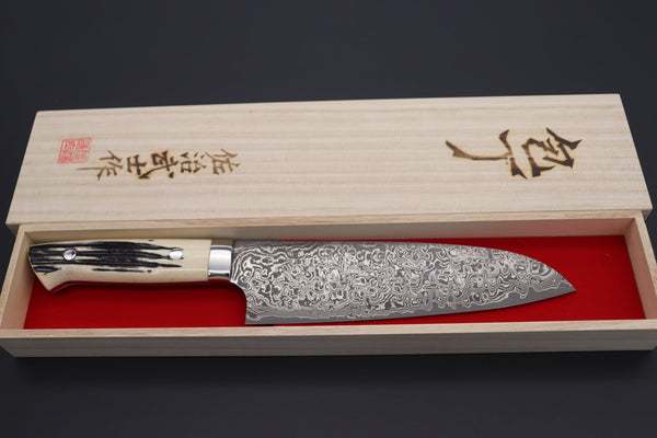 Takeshi Saji Santoku SRD-2S Santoku 180mm (7 inch) / Stag Bone Handle Takeshi Saji R-2 Custom Black Damascus Wild Series Santoku 180mm (7 inch, Stag Bone Handle)