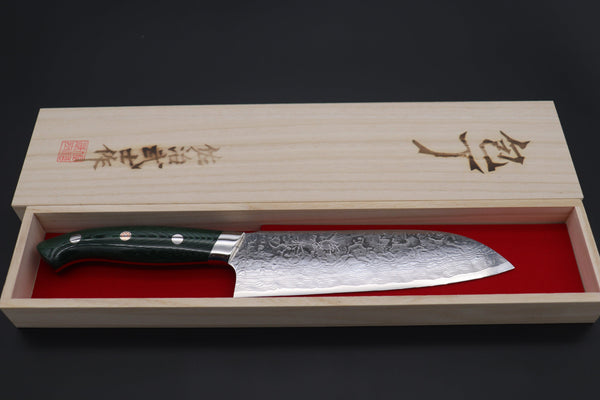 Takeshi Saji Santoku SNRD-5G Santoku 175mm Takeshi Saji R-2 Custom Diamond Damascus Wild Series New Design SNRD-5G Santoku175mm (6.8 inch, Green Linen Micarta Handle)