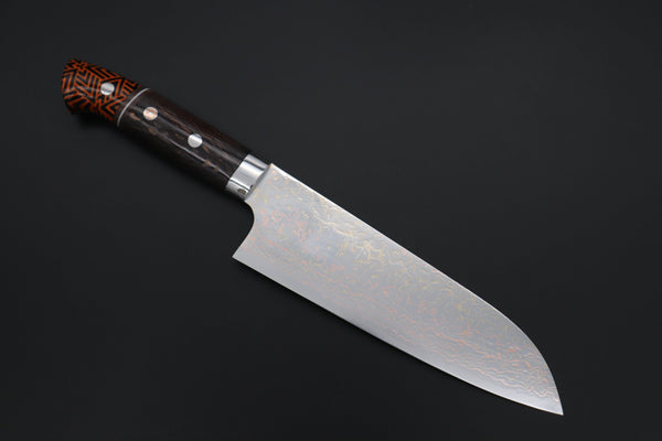 Takeshi Saji Santoku Takeshi Saji SUMMIT ― Limited Edition Custom Series SMT-1114 VG-10W磨 Multi-Colored Golden-Rainbow Damascus Santoku 180mm (7 Inch)