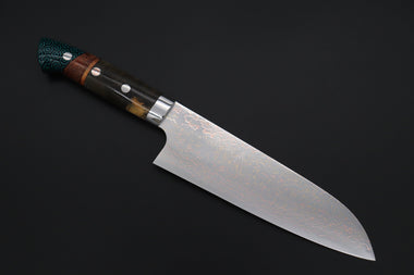 Takeshi Saji Santoku Takeshi Saji SUMMIT ― Limited Edition Custom Series SMT-1117 VG-10W磨 Multi-Colored Golden-Rainbow Damascus Santoku 180mm (7 Inch)