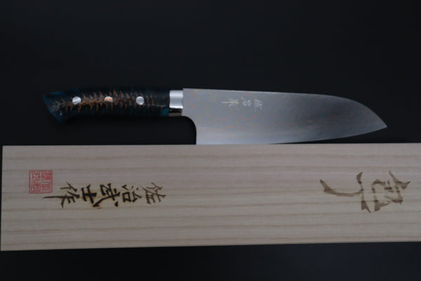 Takeshi Saji Santoku Takeshi Saji SUMMIT ― Limited Edition Custom Series SMT-1177 VG-10W磨 Multi-Colored Golden-Rainbow Damascus Santoku 180mm (7 Inch)