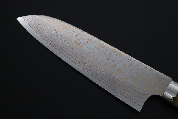 Takeshi Saji Santoku Takeshi Saji SUMMIT ― Limited Edition Custom Series SMT-1183 VG-10W磨 Multi-Colored Golden-Rainbow Damascus Santoku 180mm (7 Inch)