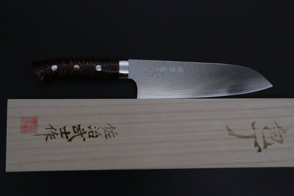 Takeshi Saji Santoku Takeshi Saji SUMMIT ― Limited Edition Custom Series SMT-1184 VG-10W磨 Multi-Colored Golden-Rainbow Damascus Santoku 180mm (7 Inch)