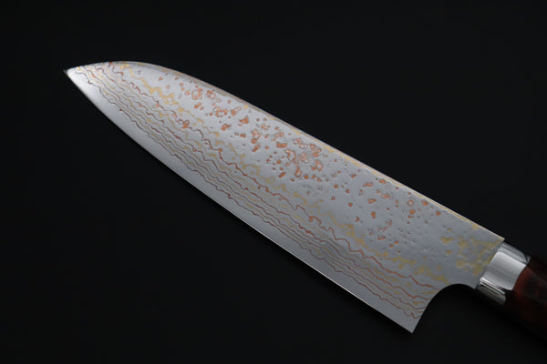 Takeshi Saji Santoku Takeshi Saji SUMMIT ― Limited Edition Custom Series SMT-1184 VG-10W磨 Multi-Colored Golden-Rainbow Damascus Santoku 180mm (7 Inch)