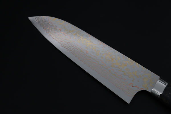 Takeshi Saji Santoku Takeshi Saji SUMMIT ― Limited Edition Custom Series SMT-1204 VG-10W磨 Multi-Colored Golden-Rainbow Damascus Santoku 180mm (7 Inch)