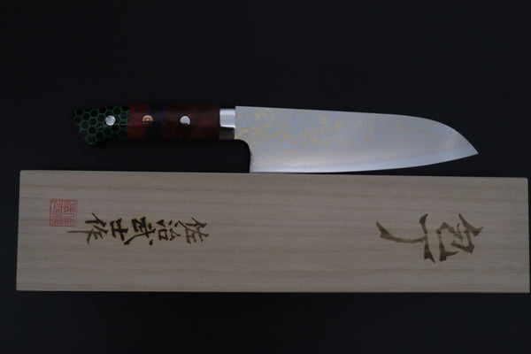 Takeshi Saji Santoku Takeshi Saji SUMMIT ― Limited Edition Custom Series SMT-1205 VG-10W磨 Multi-Colored Golden-Rainbow Damascus Santoku 180mm (7 Inch)
