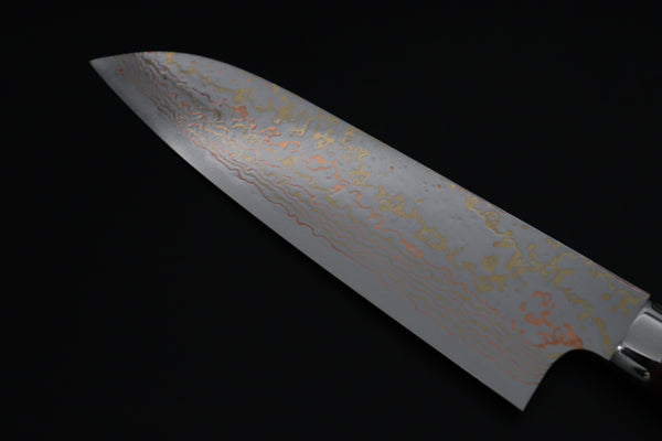 Takeshi Saji Santoku Takeshi Saji SUMMIT ― Limited Edition Custom Series SMT-1205 VG-10W磨 Multi-Colored Golden-Rainbow Damascus Santoku 180mm (7 Inch)