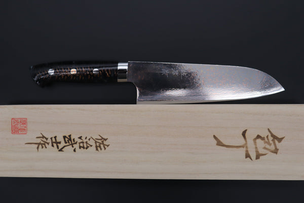 Takeshi Saji Santoku Takeshi Saji SUMMIT ― Limited Edition Custom Series SMT-977 VG-10W Multi-Colored Golden-Rainbow Damascus Santoku 180mm (7 Inch)