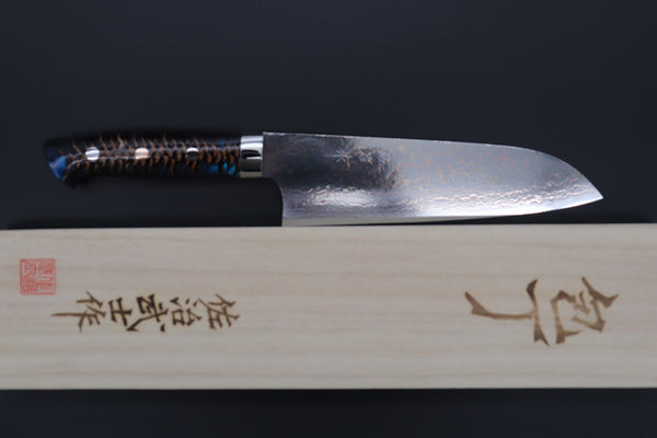 Takeshi Saji Santoku Takeshi Saji SUMMIT ― Limited Edition Custom Series SMT-979 VG-10W Multi-Colored Golden-Rainbow Damascus Santoku 180mm (7 Inch)