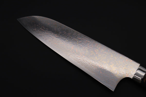 Takeshi Saji Santoku Takeshi Saji SUMMIT ― Limited Edition Custom Series SMT-979 VG-10W Multi-Colored Golden-Rainbow Damascus Santoku 180mm (7 Inch)