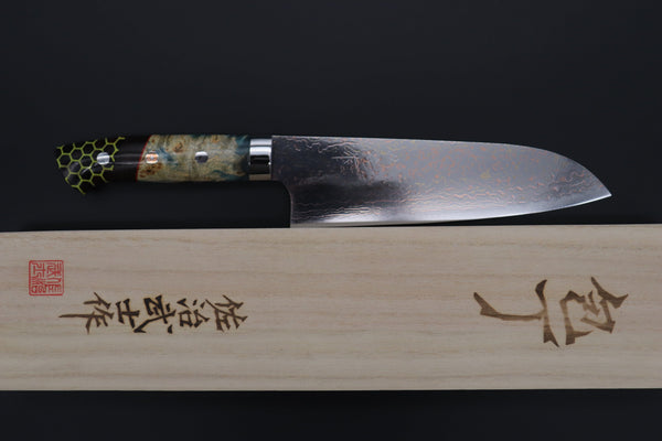 Takeshi Saji Santoku Takeshi Saji SUMMIT ― Limited Edition Custom Series SMT-980 VG-10W Multi-Colored Golden-Rainbow Damascus Santoku 180mm (7 Inch)