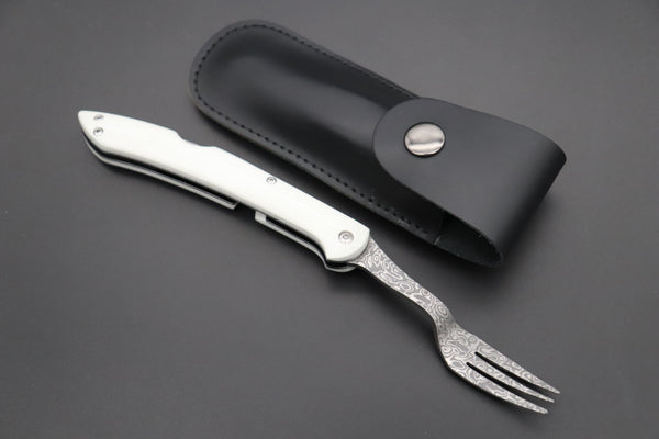 Takeshi Saji Steak Knife Takeshi Saji R-2 Damascus Folding Fork (White G-10 Handle, TS-130W)