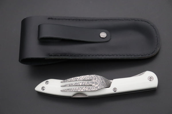 Takeshi Saji Steak Knife Takeshi Saji R-2 Damascus Folding Fork (White G-10 Handle, TS-130W)