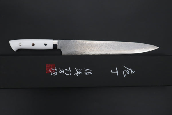 Takeshi Saji Sujihiki TS-18 Sujihiki 270mm (10.6 inch) Takeshi Saji R-2 Custom Diamond Damascus Series TS-18 Sujihiki 270mm (10.6 Inch, White Corian Handle)