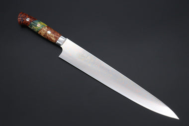 Takeshi Saji Sujihiki Takeshi Saji SUMMIT ― Limited Edition Custom Series SMT-1136 VG-10W磨 Multi-Colored Golden-Rainbow Damascus Sujihiki 270mm (10.6 Inch)