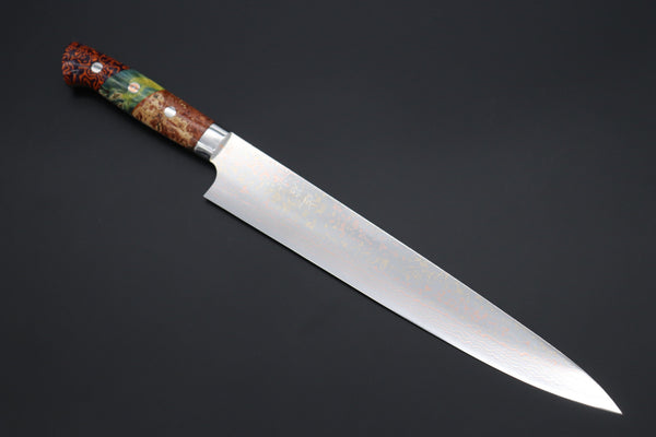 Takeshi Saji Sujihiki Takeshi Saji SUMMIT ― Limited Edition Custom Series SMT-1136 VG-10W磨 Multi-Colored Golden-Rainbow Damascus Sujihiki 270mm (10.6 Inch)