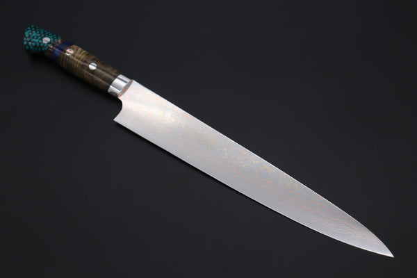 Takeshi Saji Sujihiki Takeshi Saji SUMMIT ― Limited Edition Custom Series SMT-1140 VG-10W磨 Multi-Colored Golden-Rainbow Damascus Sujihiki 270mm (10.6 Inch)