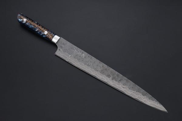 Takeshi Saji Sujihiki Takeshi Saji SUMMIT ― Limited Edition Custom Series SMT-1225 “Ocean Sunshine”: VG-10 Hammered Damascus Series Sujihiki 270mm (10.6 Inch)
