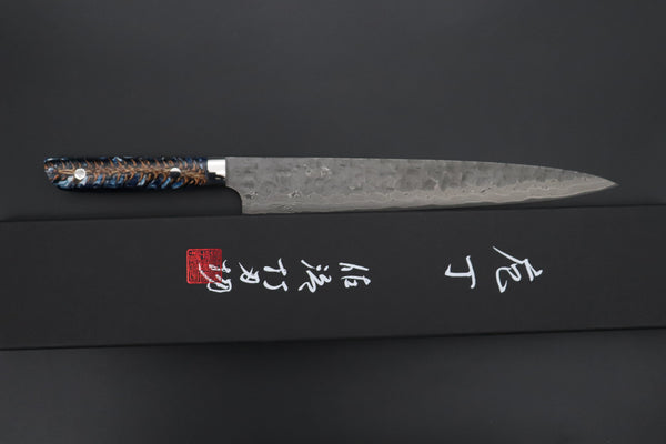 Takeshi Saji Sujihiki Takeshi Saji SUMMIT ― Limited Edition Custom Series SMT-1225 “Ocean Sunshine”: VG-10 Hammered Damascus Series Sujihiki 270mm (10.6 Inch)