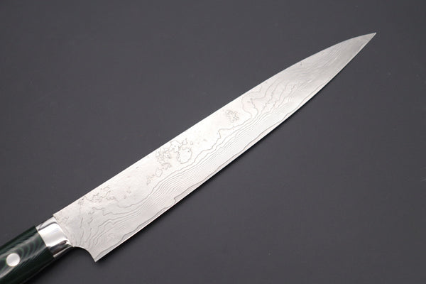 Takeshi Saji Sujihiki Takeshi Saji VG-10 Custom Damascus Wild Series Sujihiki (240mm and 270mm, 2 sizes, Green Linen Micarta Handle)