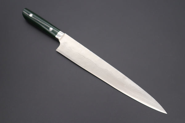 Takeshi Saji Sujihiki STG-9 Sujihiki 270mm (10.6inch) / Green Linen Micarta Handle Takeshi Saji VG-10 Custom Damascus Wild Series Sujihiki (240mm and 270mm, 2 sizes, Green Linen Micarta Handle)