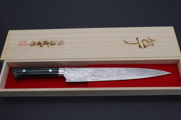 Takeshi Saji Sujihiki Takeshi Saji VG-10 Custom Damascus Wild Series Sujihiki (240mm and 270mm, 2 sizes, Green Linen Micarta Handle)