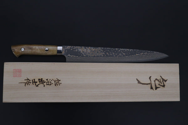 Takeshi Saji Sujihiki Sujihiki 270mm Takeshi Saji VG-10W Multi-Colored Golden-Rainbow Damascus Series TS-10 Sujihiki 270mm (10.6 Inch, Smooth Bone Handle)