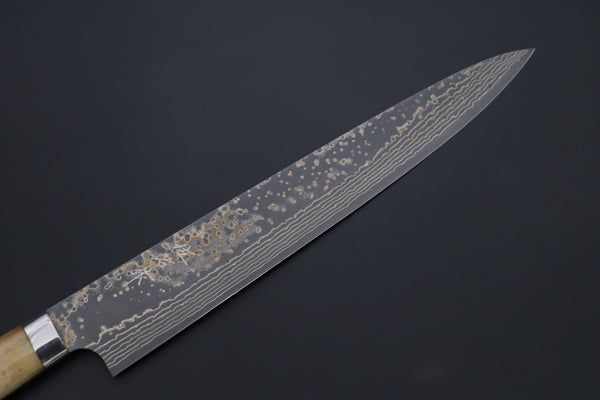 Takeshi Saji Sujihiki Sujihiki 270mm Takeshi Saji VG-10W Multi-Colored Golden-Rainbow Damascus Series TS-10 Sujihiki 270mm (10.6 Inch, Smooth Bone Handle)