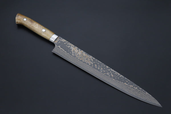Takeshi Saji Sujihiki Sujihiki 270mm Takeshi Saji VG-10W Multi-Colored Golden-Rainbow Damascus Series TS-10 Sujihiki 270mm (10.6 Inch, Smooth Bone Handle)