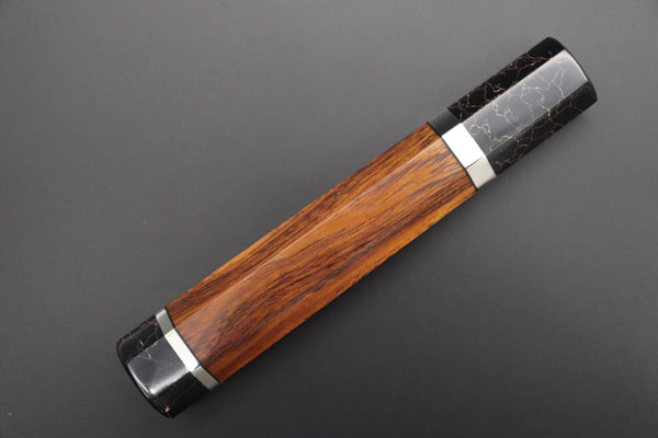 Takeshi Saji Wa Gyuto TSBO-1 Wa Gyuto 240mm / 15. Octagonal Desert Ironwood Handle with Nickel Silver Spacers and a Black-Golden-Color Turquoise Gem Composite Stone Ferrule & Butt +$140 “Build Your Dream Knife” Takeshi Saji VG-10 Custom Polished Damascus TSBO-1 Wa Gyuto 240mm