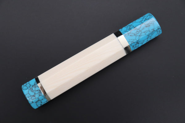 Takeshi Saji Wa Sujihiki TSBO-16 Wa Sujihiki 240mm (9.4 Inch) / 7. Octagonal White Ivory Micarta handle with a Turquoise Composite Stone Ferrule & Butt with Nickel Silver Spacers +US$130 “Build Your Dream Knife” Takeshi Saji VG-10W Custom Rainbow Damascus TSBO-16 Wa Sujihiki 240mm (9.4 Inch)