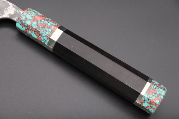 Fu-Rin-Ka-Zan Wa Gyuto FRYP-54 Wa Gyuto240mm (9.4 inch) Fu-Rin-Ka-Zan YUTAKA 豊佳 Series R-2 Damascus Edition FRYP-54 Wa Gyuto 240mm (9.4 inch, Octagon Shaped Ebonywood Handle with Turquoise Composite Stone Ferrule & Butt)